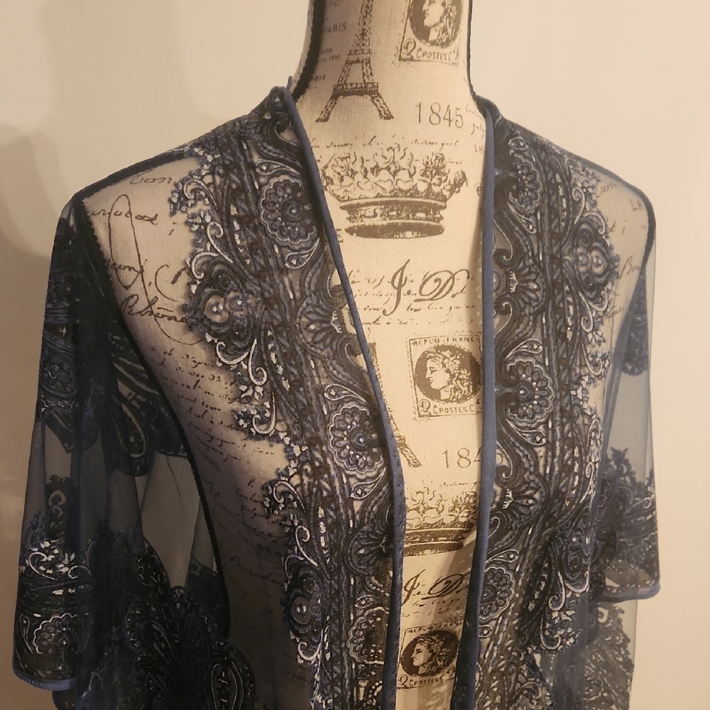 Navy Sheer Kimono with Intricate Patterns